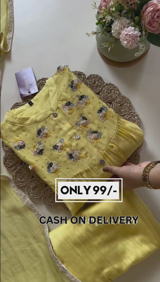 Lemon Yellow colour Embroidered  cotton suit Dress for women