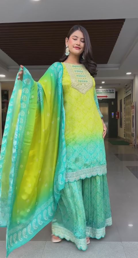 Green Bandani Fancy Front With Plazo & Dupatta