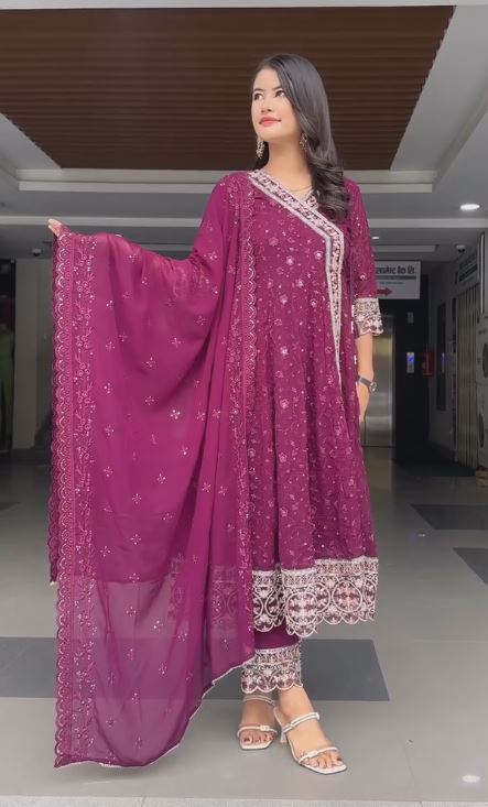 Wine Georgette Fully embroidered Angrakha Anarkali suit with Beauti