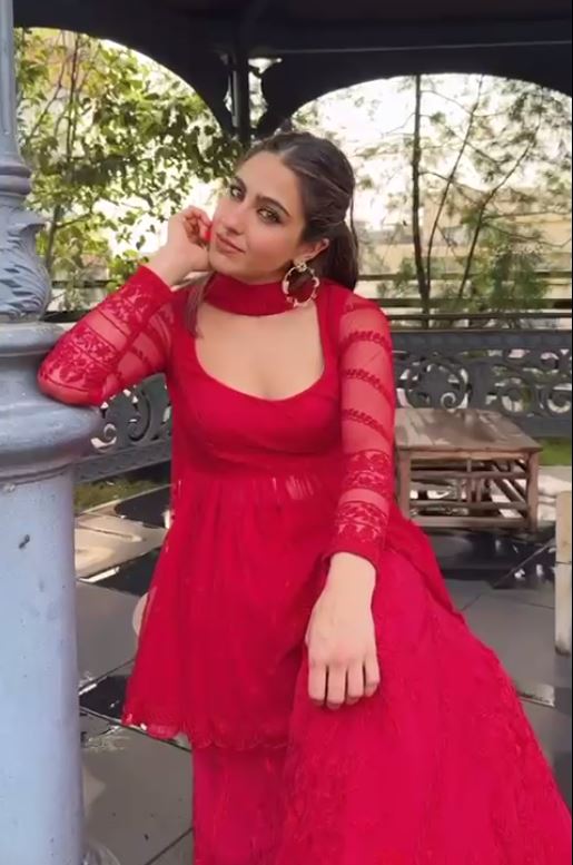Sara Ali Khan Ware Red Color Sharara Suit