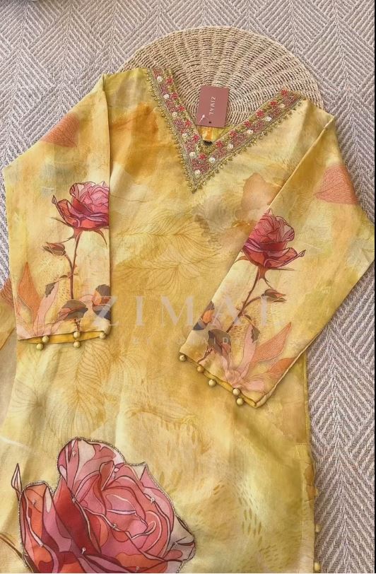 Mustard Pure Silk Gold Shimmer Floral Printed and Stones Embellishment Straight Kurta with Trousers and Dupatta