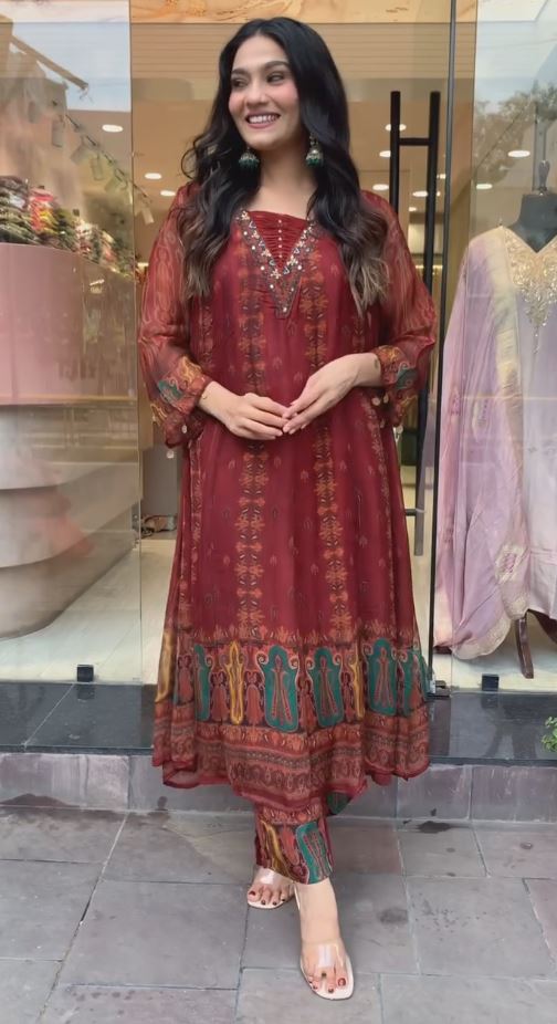 Brick red color digital print premium chiffon anarkali suit set