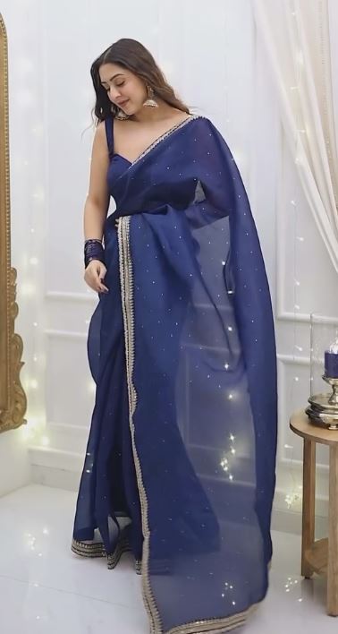 Blue Sequin Embroidered Heavy Georgette Saree Set