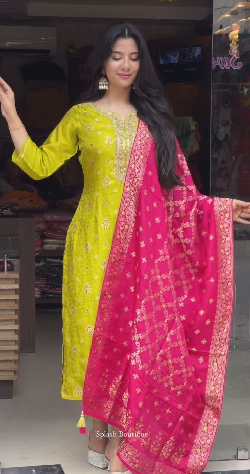 Ethnic Motifs Embroidered Notch Neck Zari Work Kurta With Salwar & Dupatta