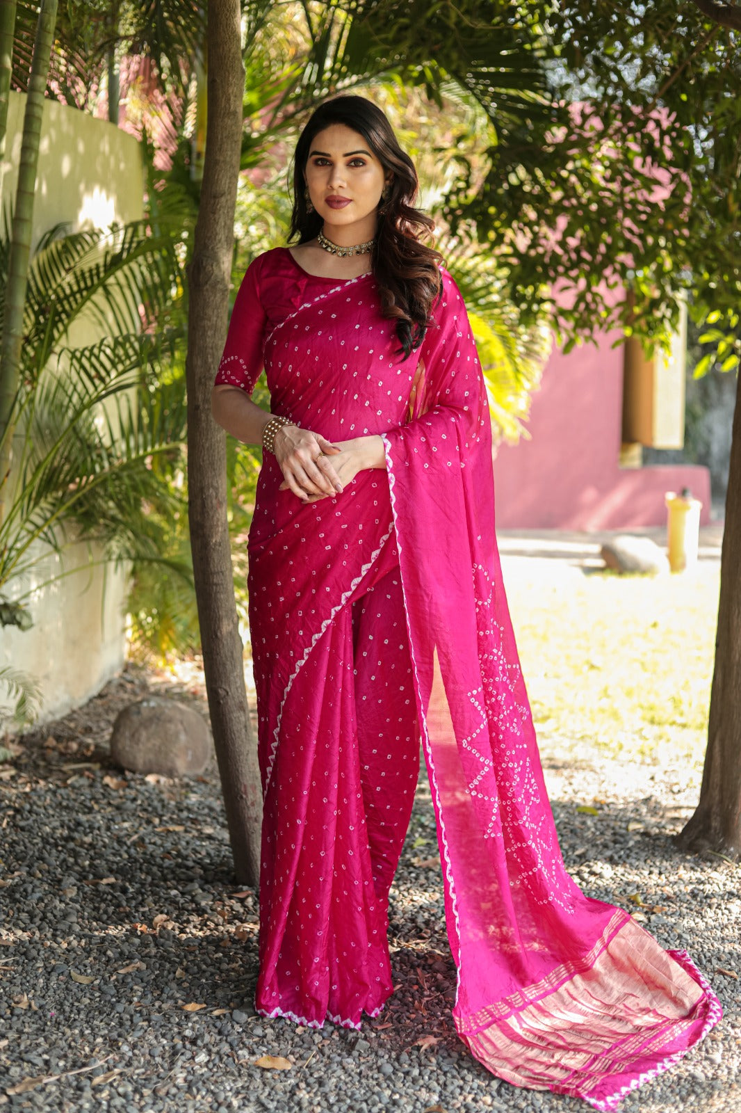 Original Bandhej Pink Color Beautiful Design Saree