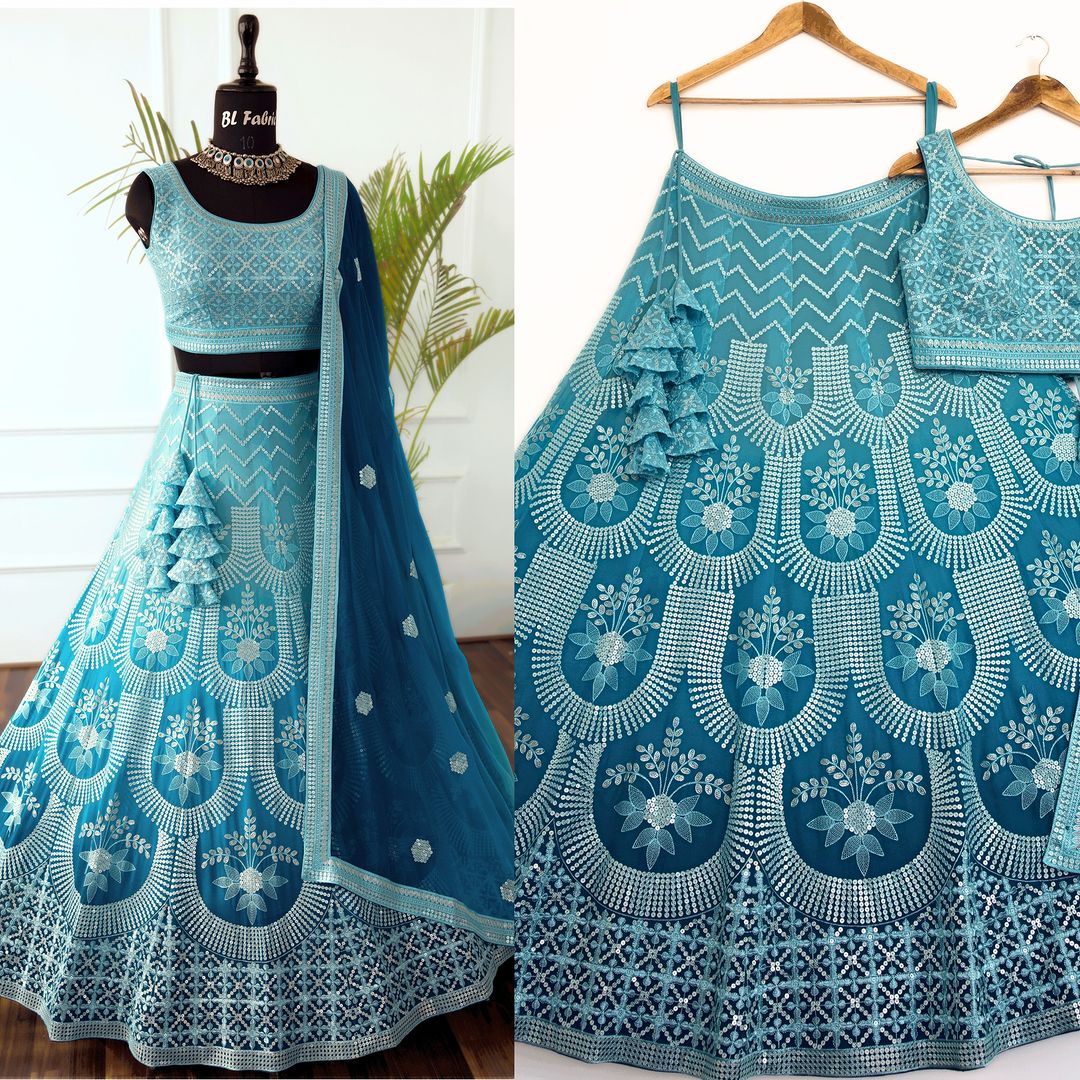 Skyblue Shadding color Sequence Embroidery work Designer Lehenga Choli for Wedding Function