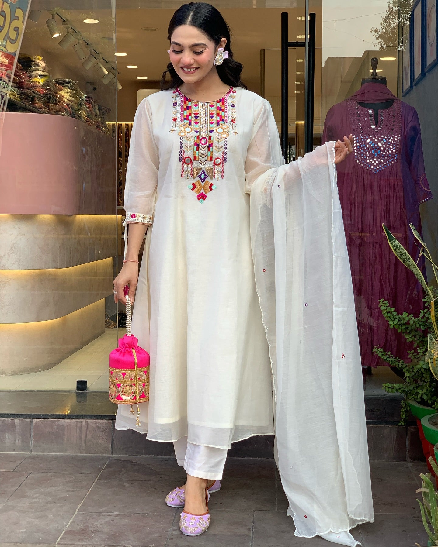 🌸 Off-White Cotton Blend Kurta Pant Set with Multicolor Mirror Embroidery & Dupatta – Elegant Festive Wear Ethnic Set for Women