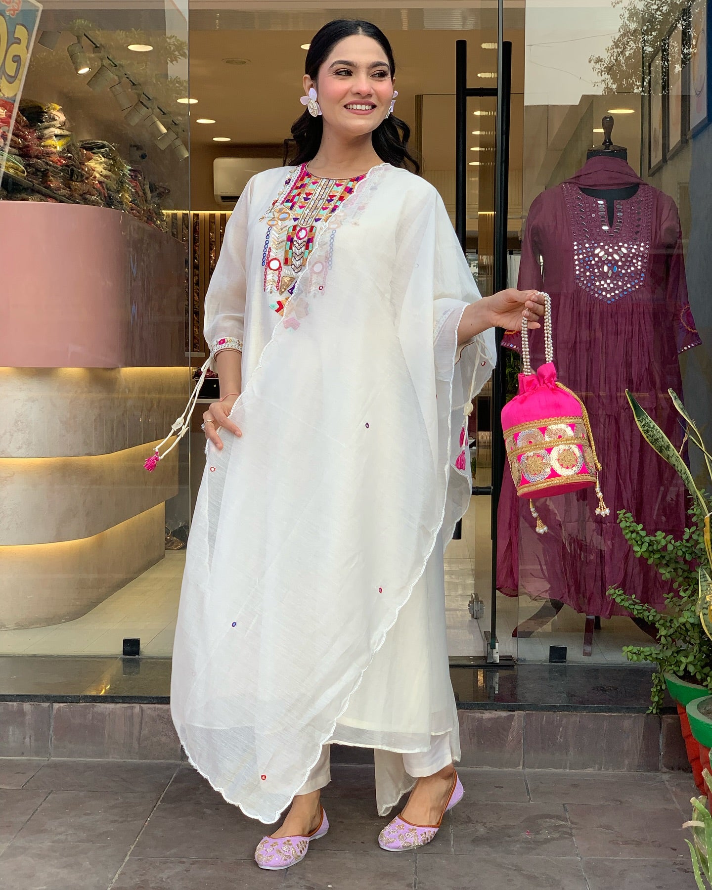 🌸 Off-White Cotton Blend Kurta Pant Set with Multicolor Mirror Embroidery & Dupatta – Elegant Festive Wear Ethnic Set for Women