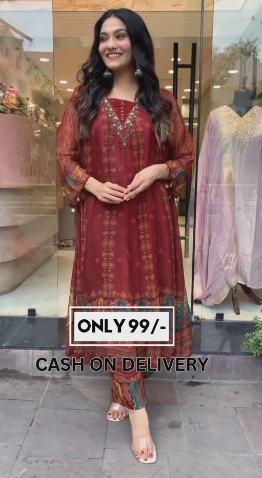 Brick red color digital print premium chiffon anarkali suit set