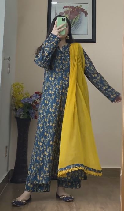 Simple Flower Kurta Set with Bottom Wear and Dupatta in Yellow Color