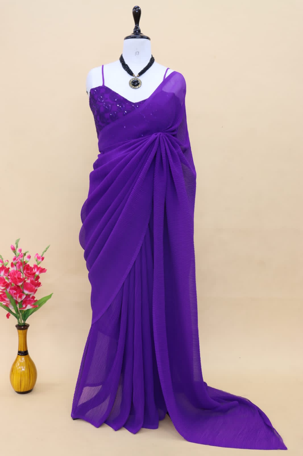 Decent Purple Color Plated Saree With Work Blouse