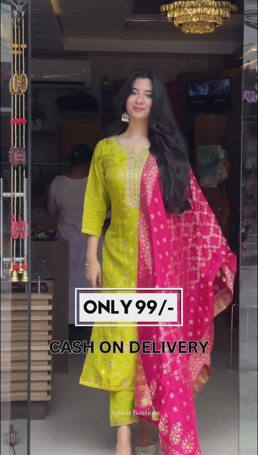 Ethnic Motifs Embroidered Notch Neck Zari Work Kurta With Salwar & Dupatta