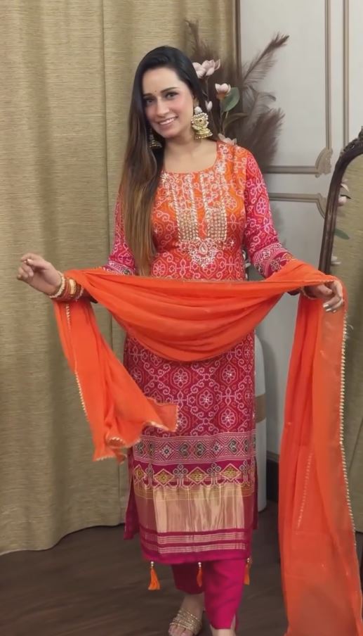 Women Orange & White Bandhani Print Sequined Kurta with Palazzos & Dupatta