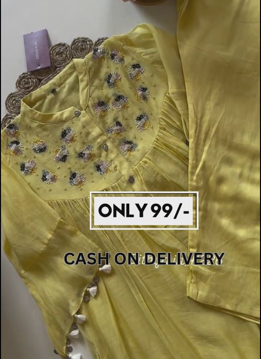 Lemon Yellow colour Embroidered  cotton suit Dress for women