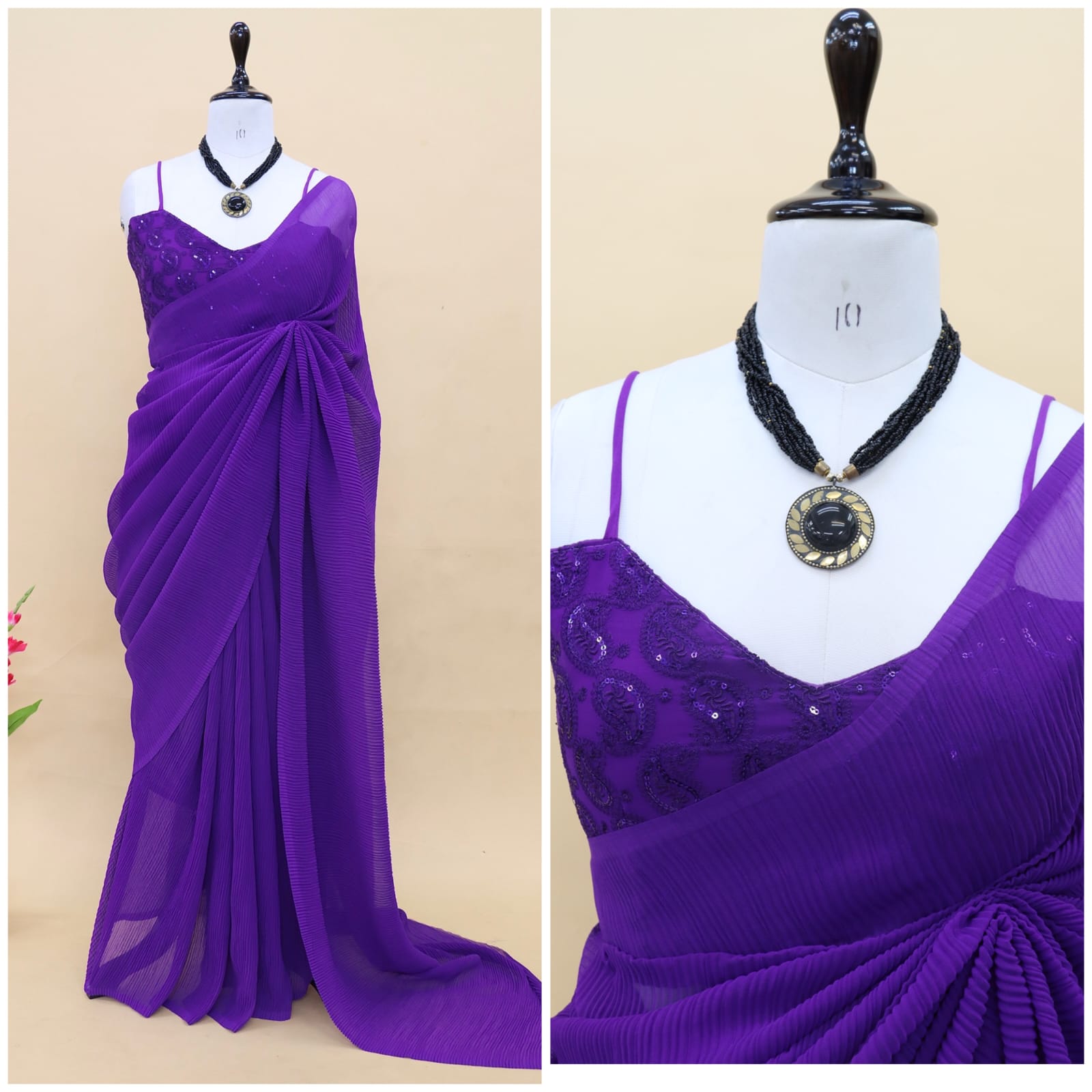 Decent Purple Color Plated Saree With Work Blouse
