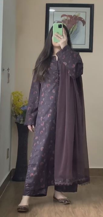 Simple Flower Kurta Set with Bottom Wear and Dupatta in Purple Color