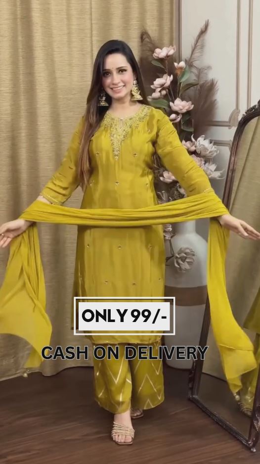 Floral Embroidered Regular Chanderi Cotton Kurta with Trousers & Dupatta