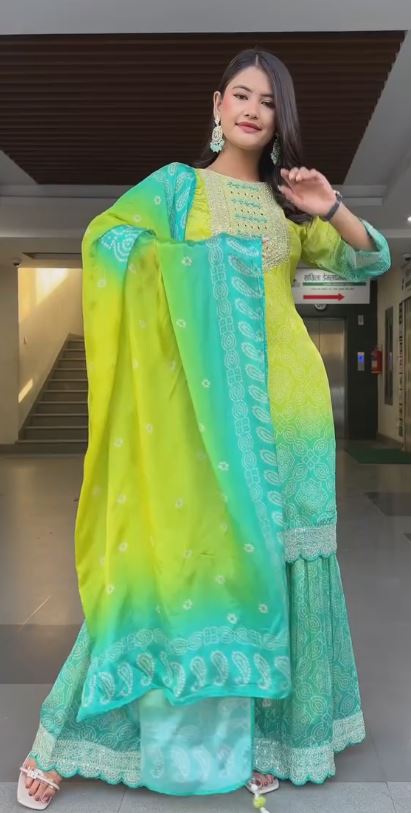 Green Bandani Fancy Front With Plazo & Dupatta