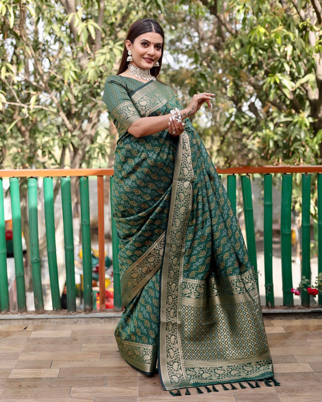 Beautiful Patola Silk With Bandhani Designed Green Color Saree