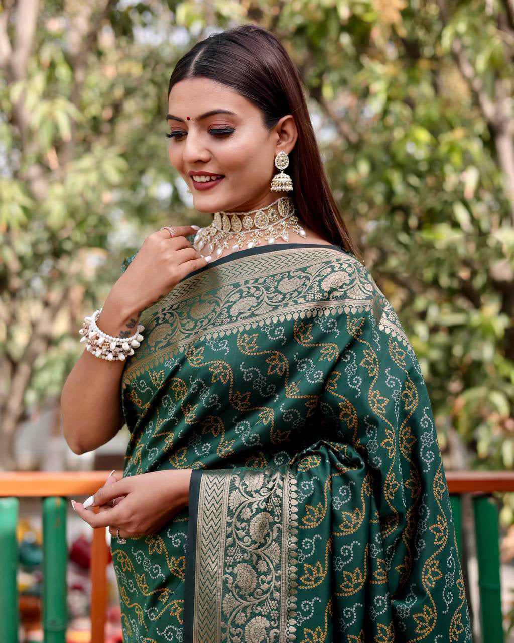 Beautiful Patola Silk With Bandhani Designed Green Color Saree