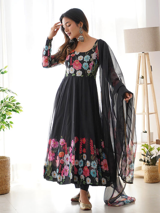 Precious Flower Black Printed Anarkali Gown With Pant & Dupatta Set