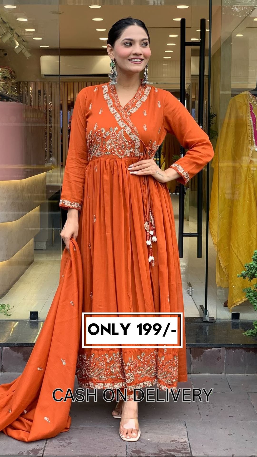 🧡 Rust Orange Georgette Anarkali Kurta Set with Golden Embroidery & Dupatta – Festive Wear for Women