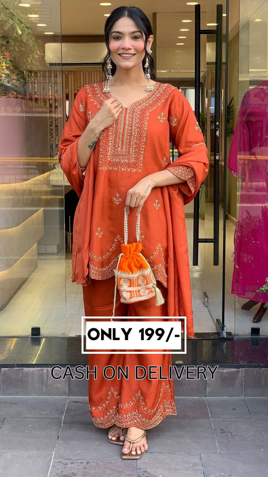 🧡 Burnt Orange Embroidered Kurta Set with Scallop Detailing & Dupatta