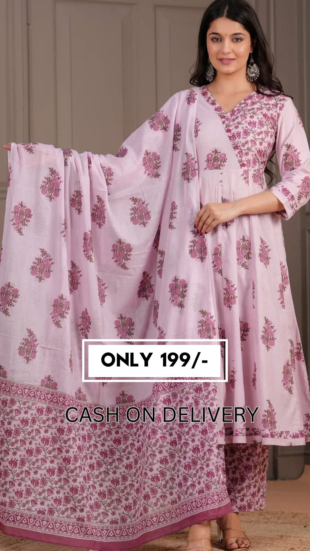 🌸 Blush Pink Floral Printed Cotton Anarkali Kurta Set with Dupatta – Stitched Ethnic Wear for Women