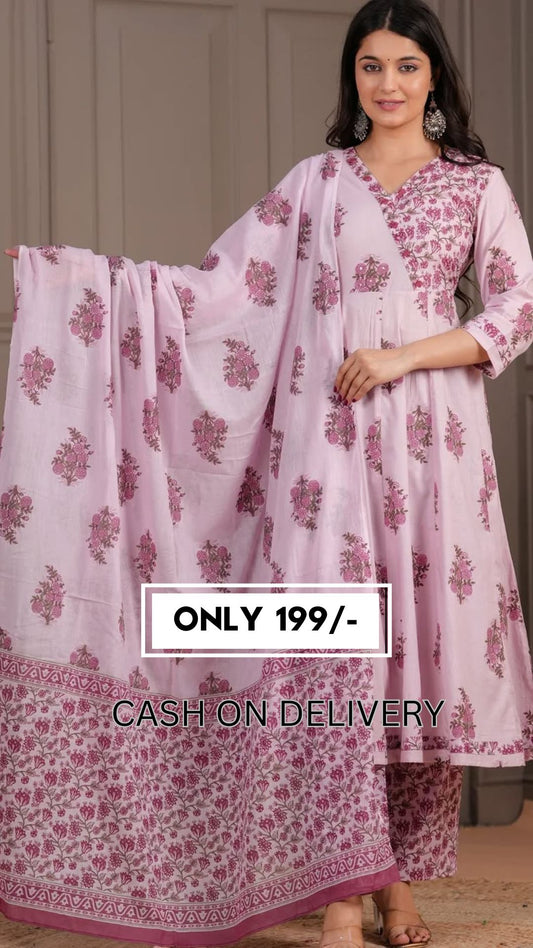 🌸 Blush Pink Floral Printed Cotton Anarkali Kurta Set with Dupatta – Stitched Ethnic Wear for Women