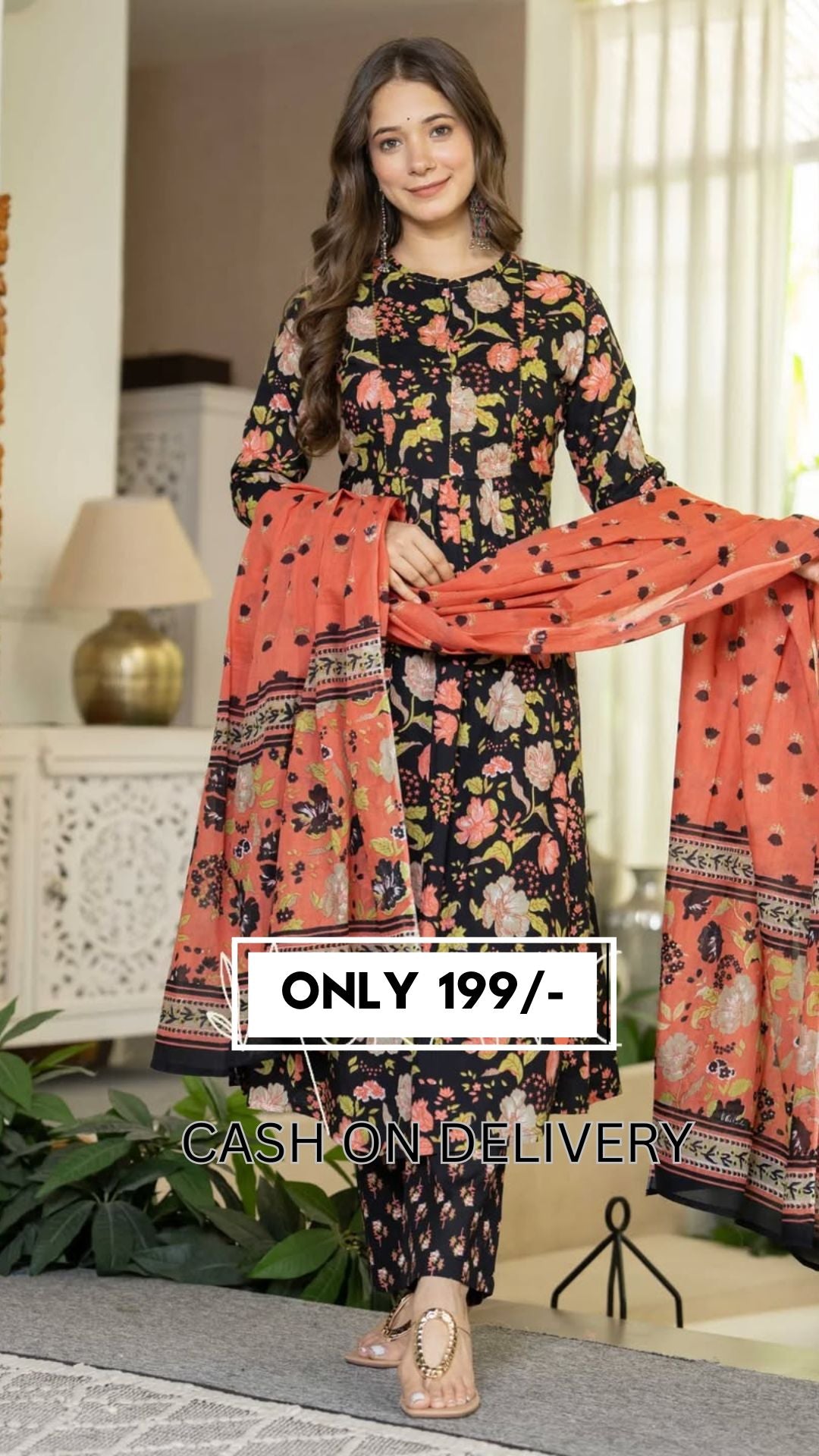 🖤 Black Floral Printed Straight Kurta Set with Rust Orange Dupatta – Stitched Ethnic Wear for Women