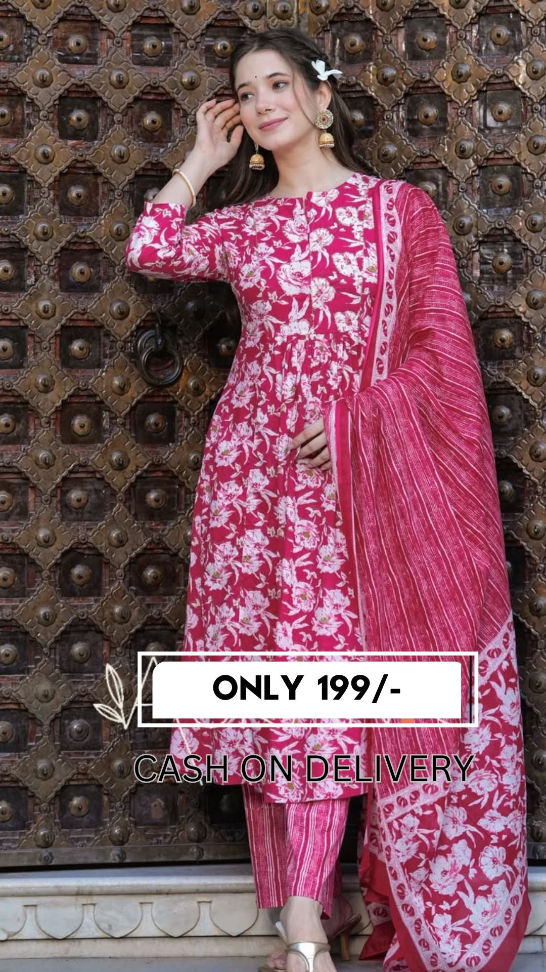 🌸 Hot Pink Floral Printed Cotton Anarkali Kurta Set with Dupatta – Stitched Ethnic Wear for Women