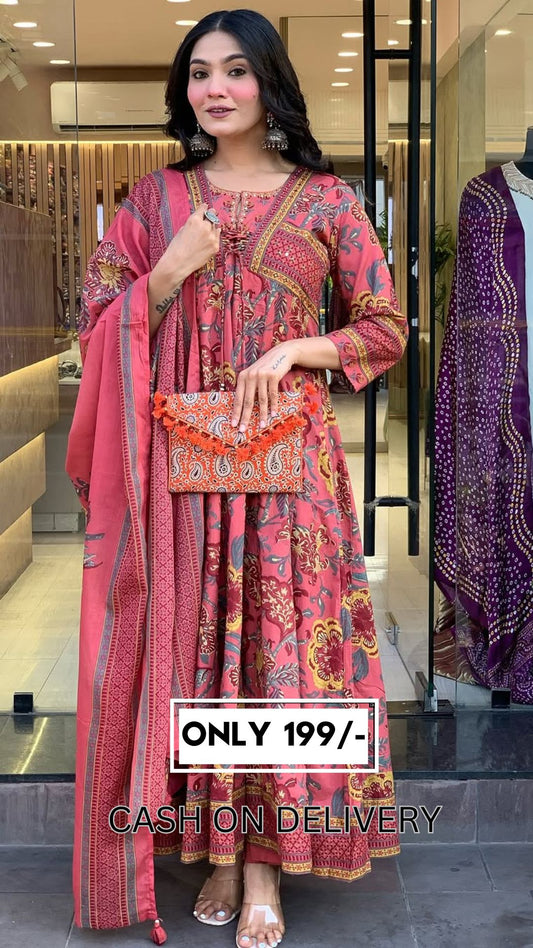 🌺 Rust Pink Floral Printed Cotton Anarkali Kurta Set with Dupatta – Traditional Festive Wear for Women