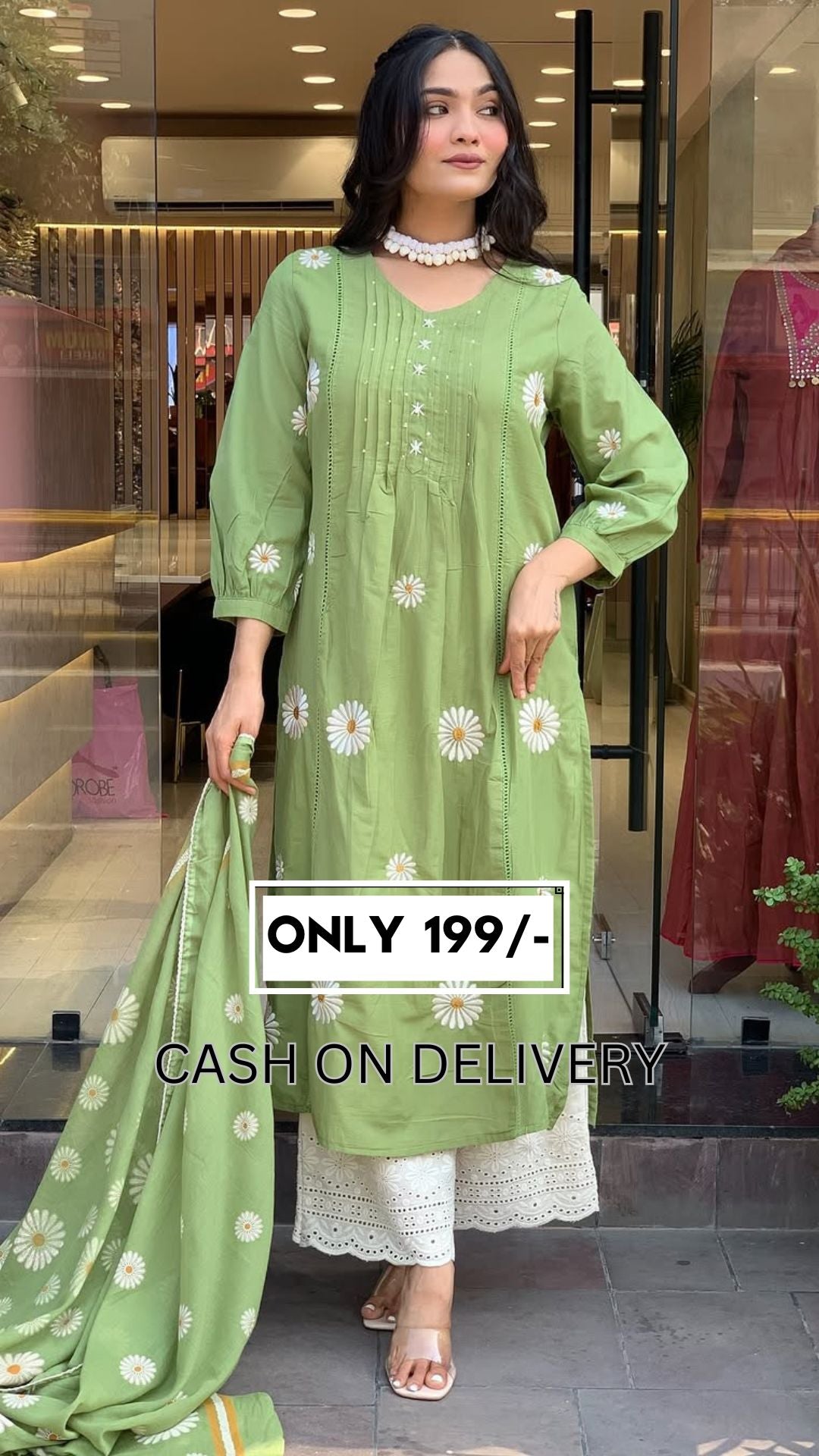 🌿 Pastel Green Daisy Embroidered Kurta Set with Dupatta & Crochet Hem Palazzo