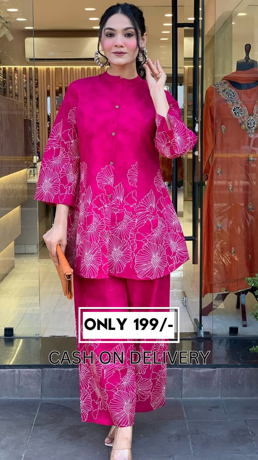 🌸 Hot Pink Floral Printed Co-Ord Set for Women – Trendy Indo-Western Style