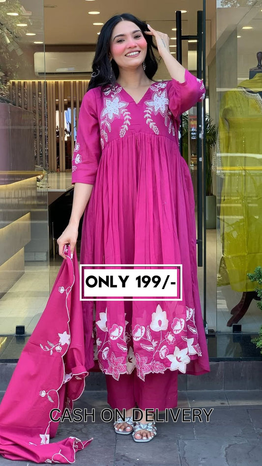 🌸 Magenta Bloom Embroidered Flared Kurta Set with Dupatta & Pants