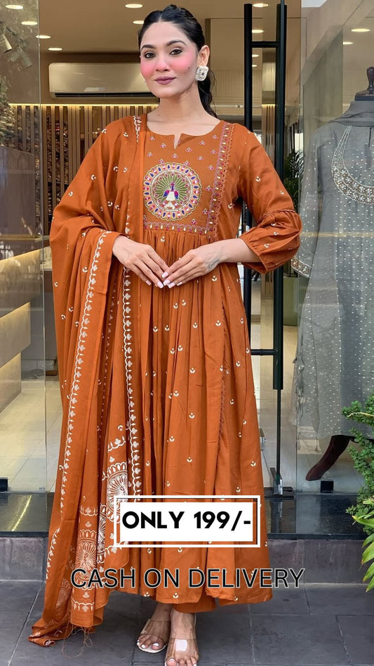 🌟 Rust Orange Mirror Embroidered Flared Kurta Set with Dupatta & Pants