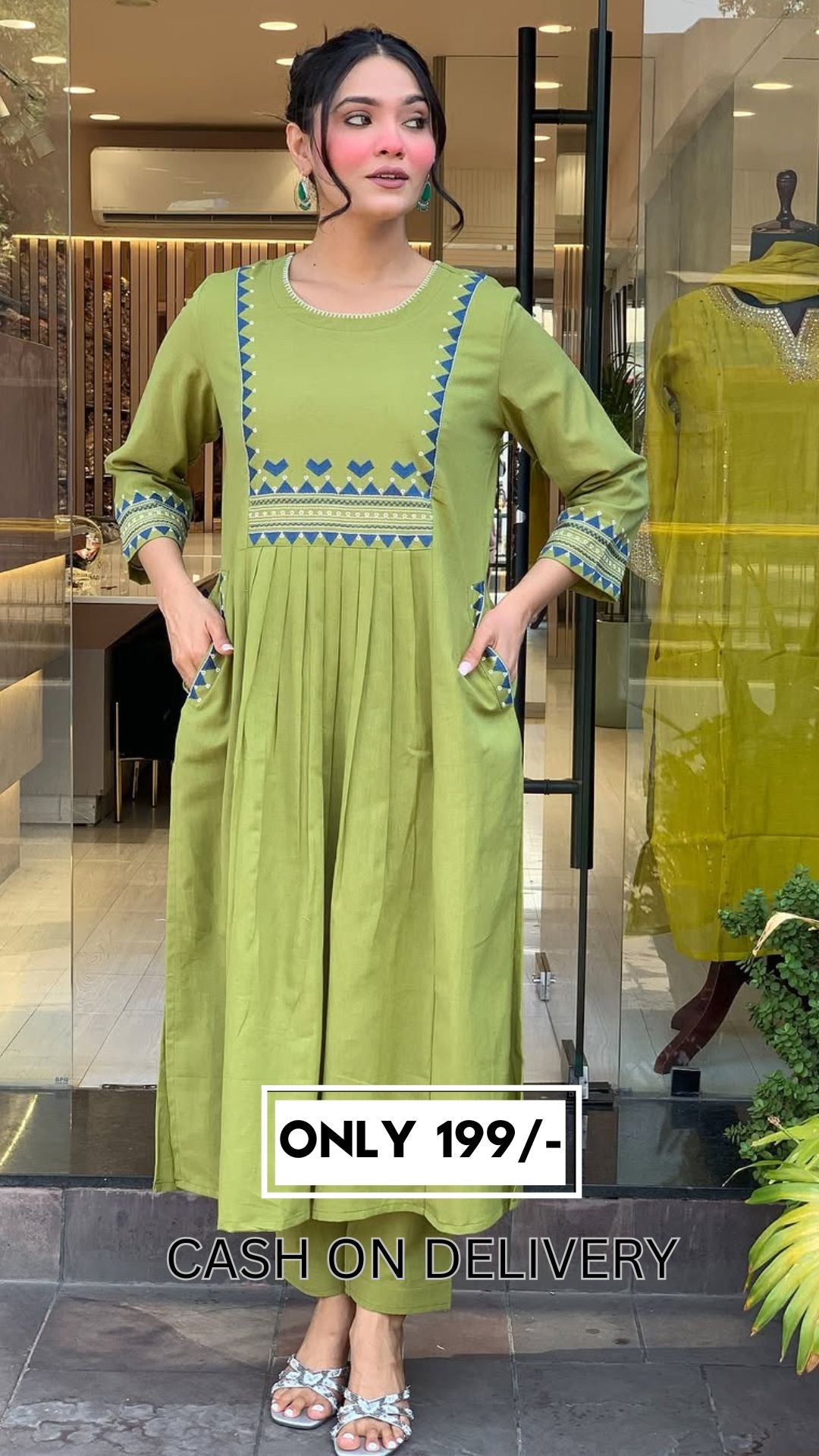 🌿 Olive Green Cotton Blend Kurta Pant Set with Blue Geometric Embroidery – Everyday Ethnic Wear for Women