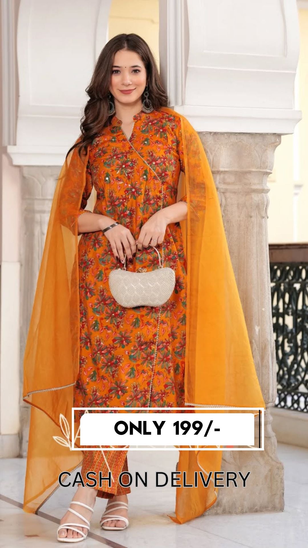 🌸 AuraniC Mustard Orange Floral Printed Embroidered Kurta Set with Dupatta | Festive Cotton Blend Straight Suit for Women