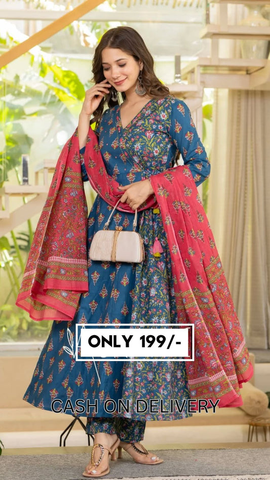 🌸 Teal Blue Floral Printed Anarkali Kurta Set with Red Printed Dupatta