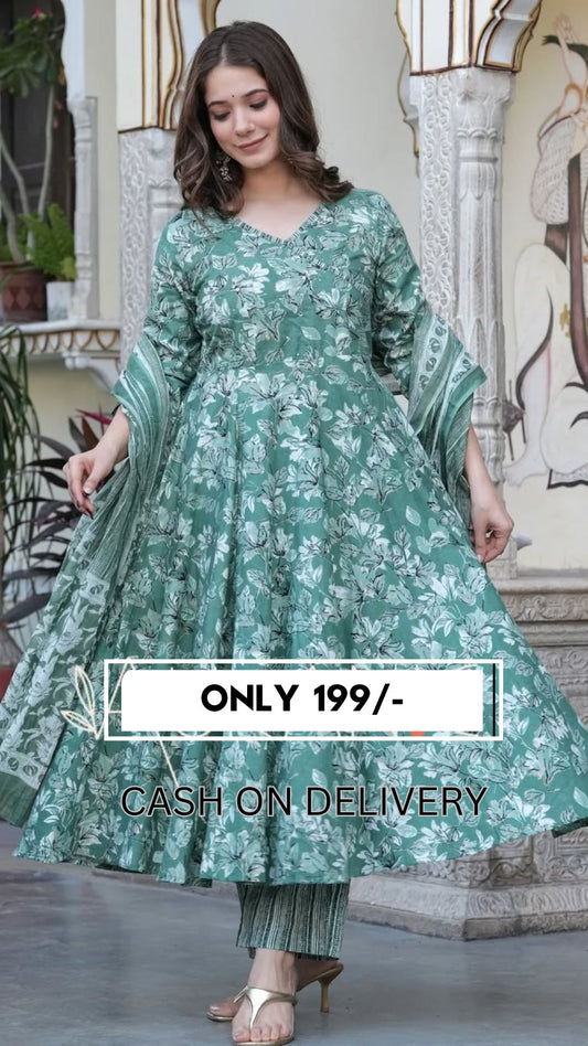 🌿 Sage Green Floral Printed Cotton Anarkali Kurta Set with Dupatta – Stitched Ethnic Wear for Women