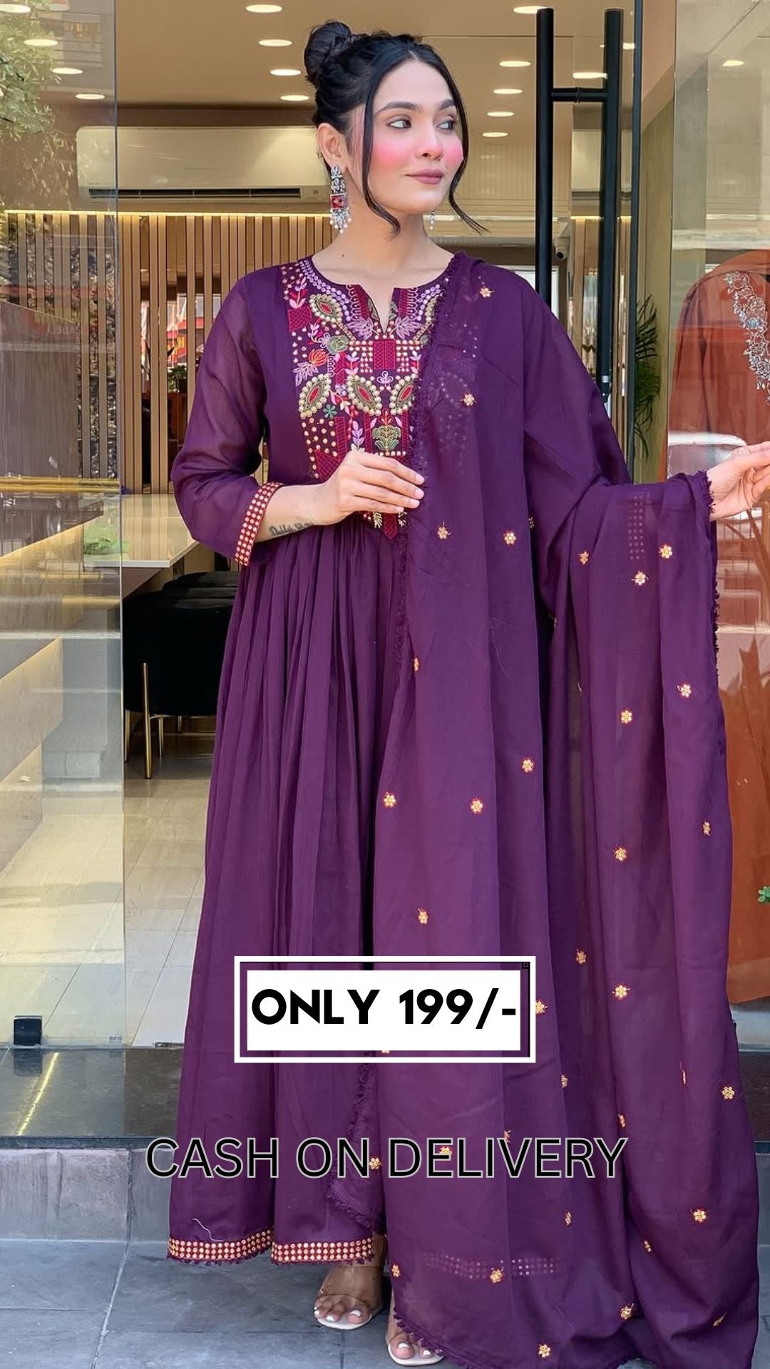 💜 Plum Purple Embroidered Anarkali Kurta Set with Sequin Work & Dupatta