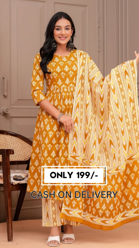 🌼 Mustard Yellow Printed Cotton Kurta Set with Contrasting Dupatta – Stitched Ethnic Wear for Women