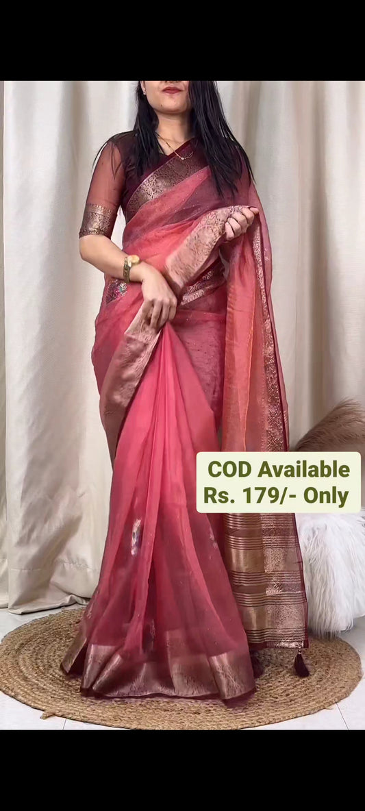 Party Wear Pink Color Organza With Floral Wedding Saree