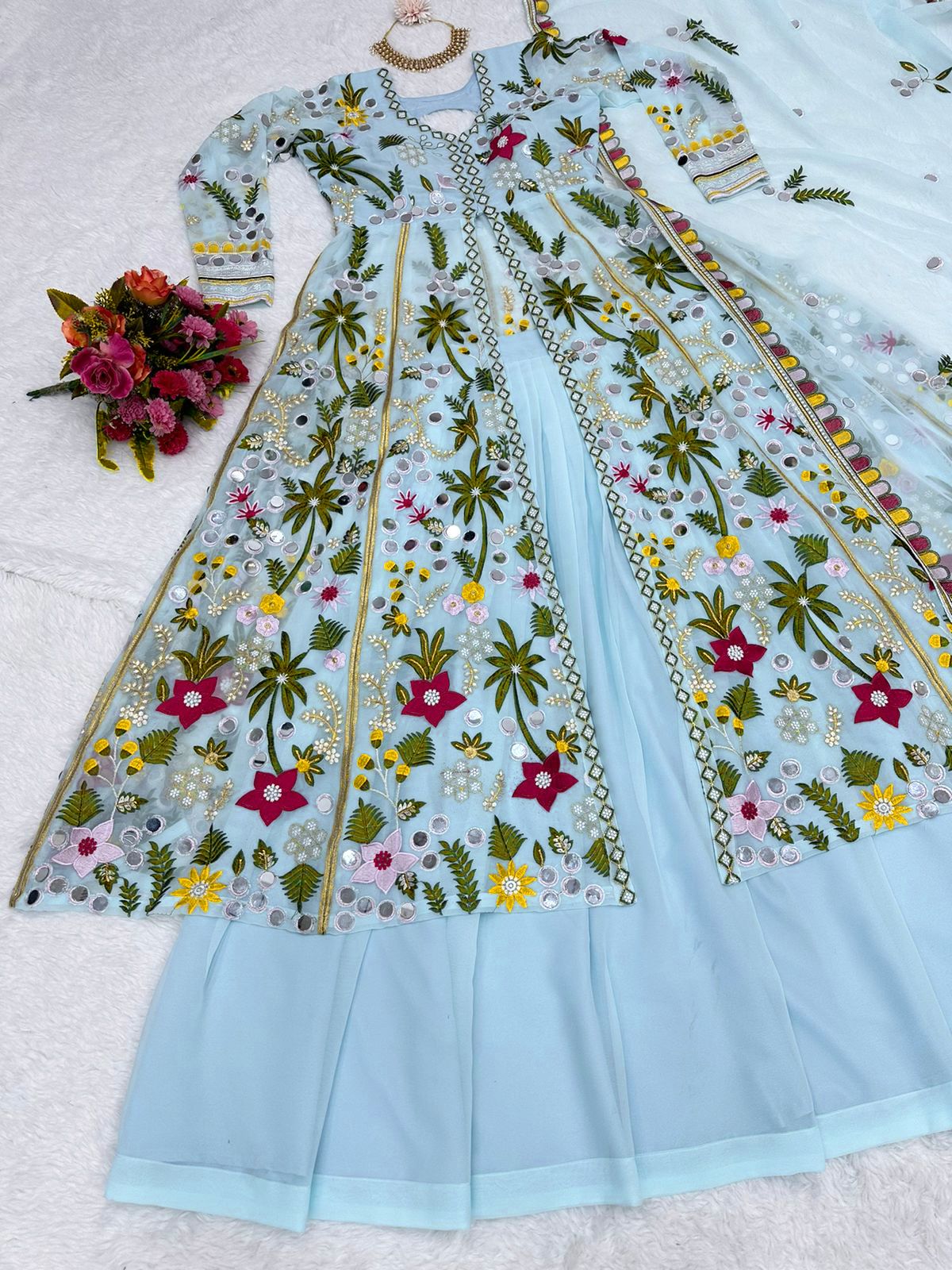Sky Blue Real Mirror Embroidery Work Stylish Top With Lehenga