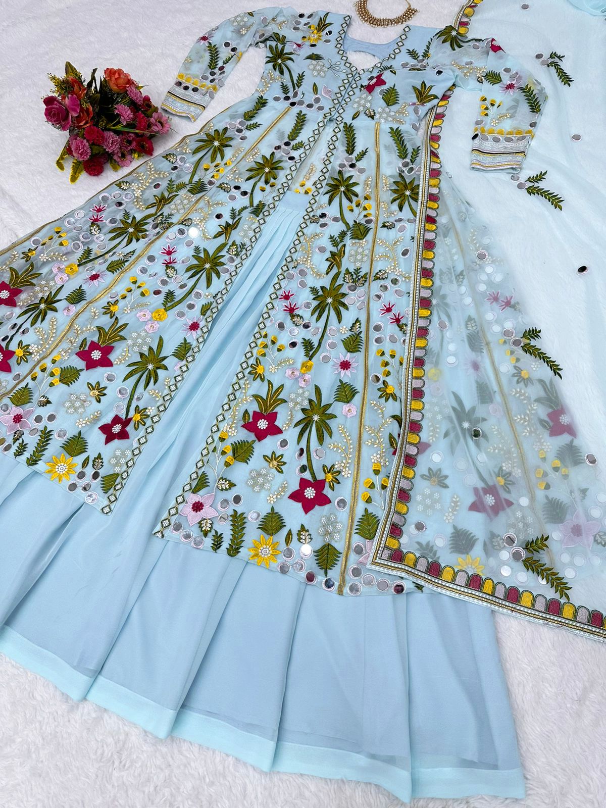 Sky Blue Real Mirror Embroidery Work Stylish Top With Lehenga