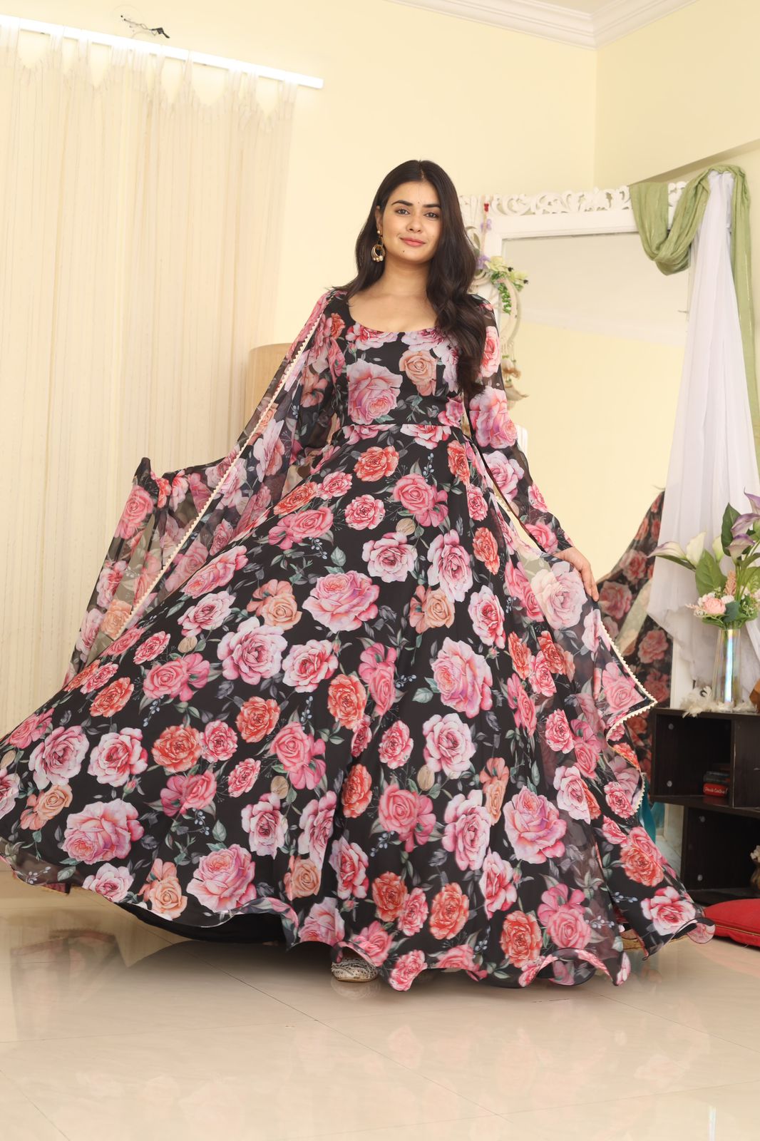 Black Color Flower Print Glamourous Gown