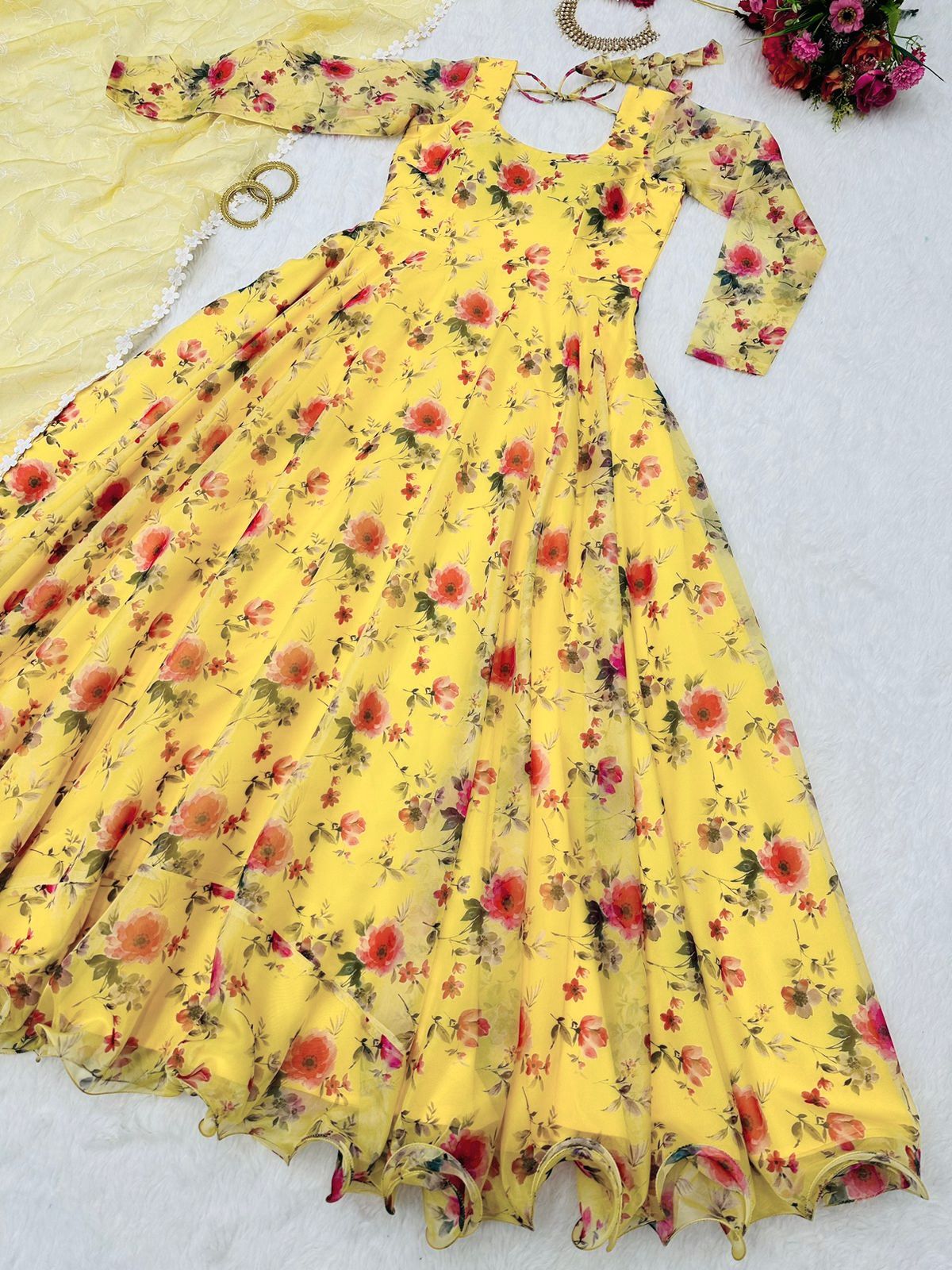 Captivating Digital Print Yellow Color Anarkali Gown