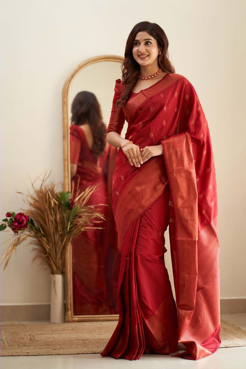Coper Jari Banarasi Silk Red Color Outstanding saree