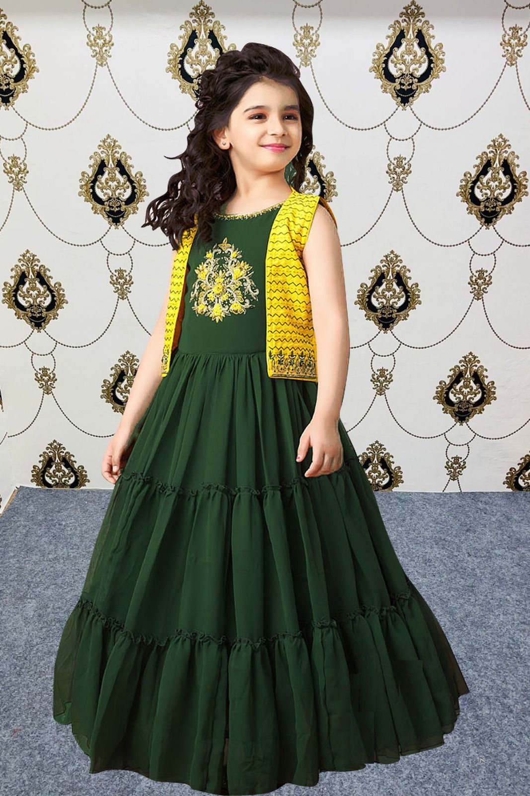Fairy Look Kids Wear Green Color Gown With Yellow Jacket