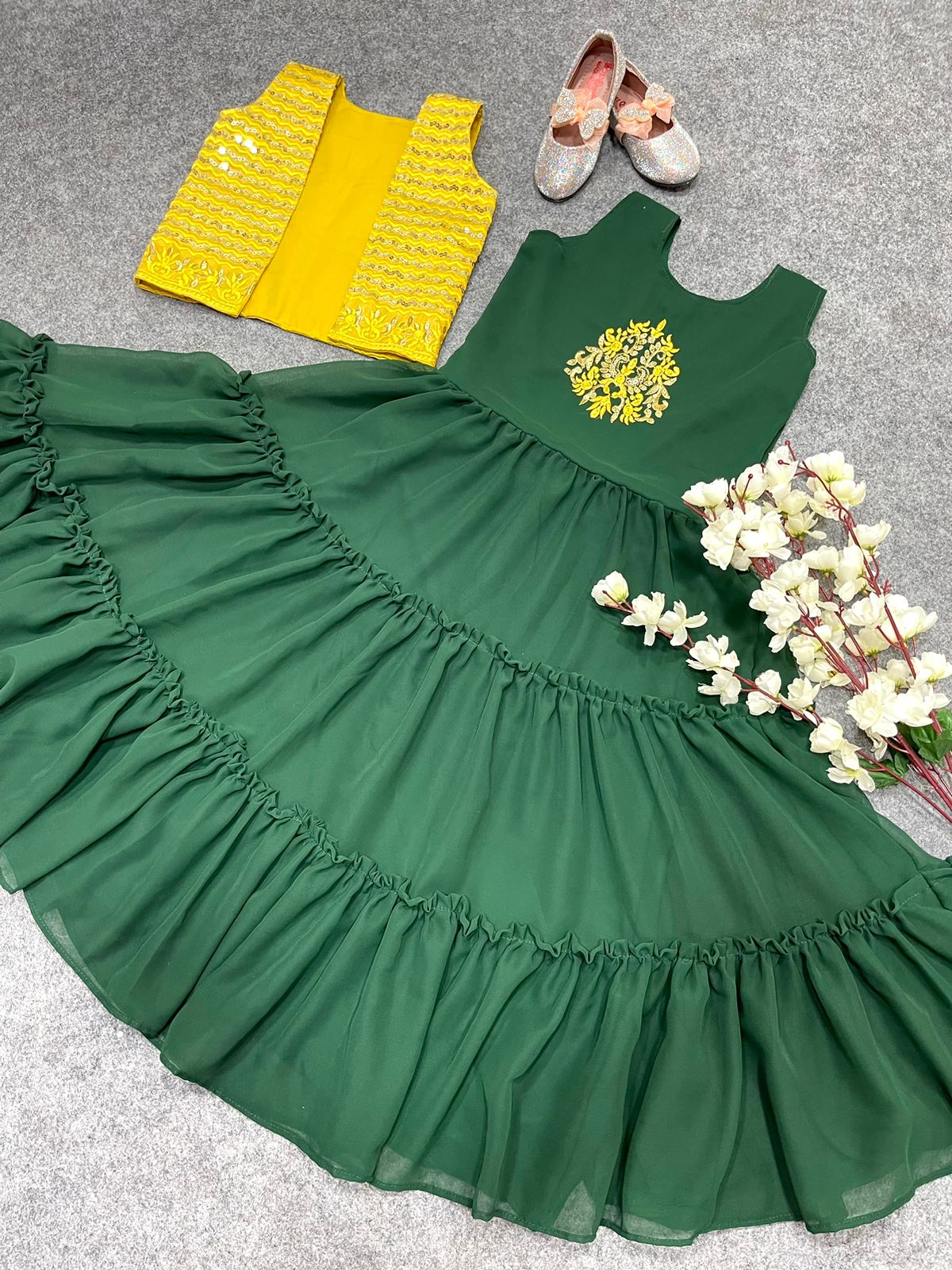 Fairy Look Kids Wear Green Color Gown With Yellow Jacket